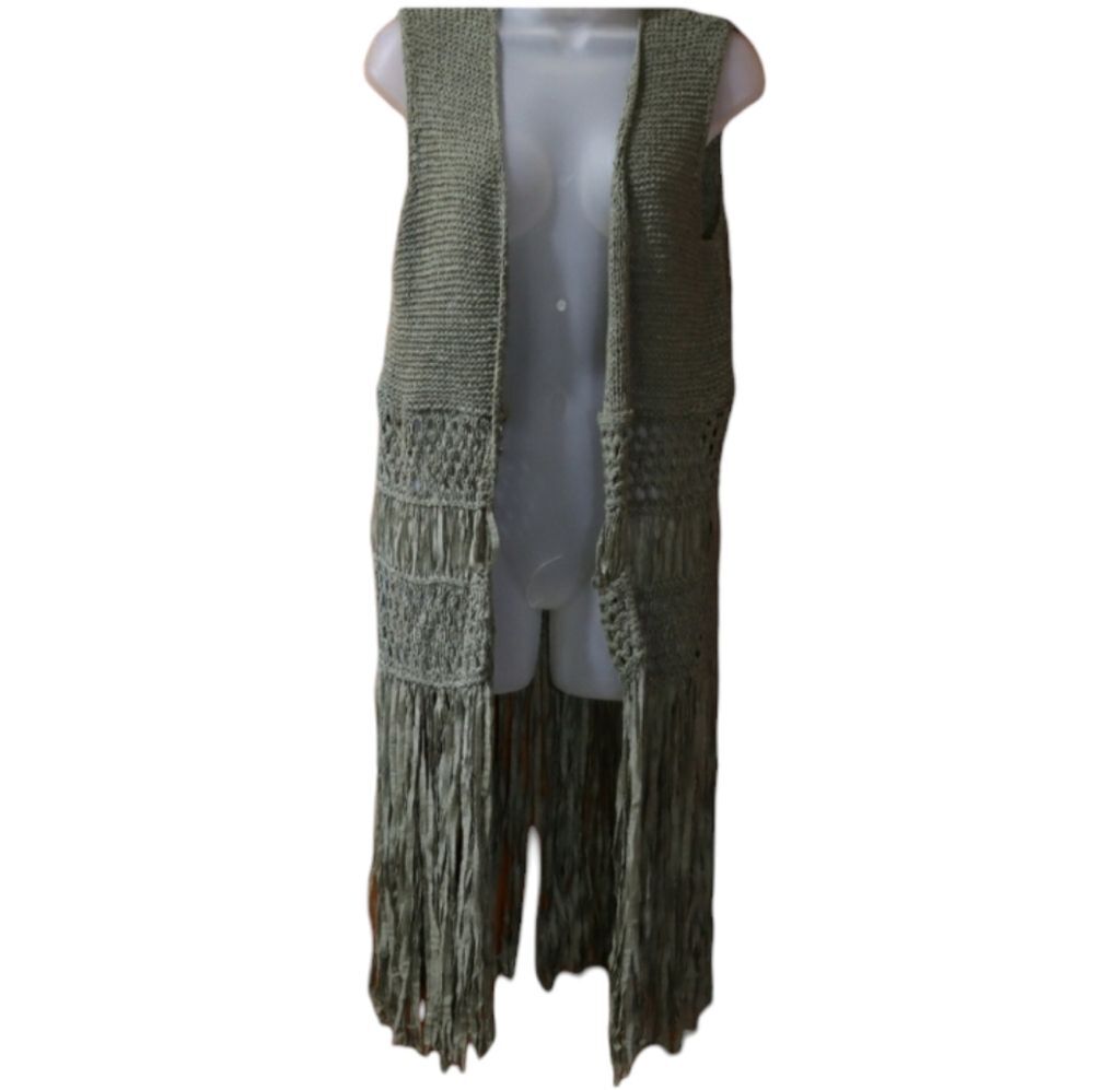 Zara Knit Green Fringe Long Line Vest Boho Hippie Medium